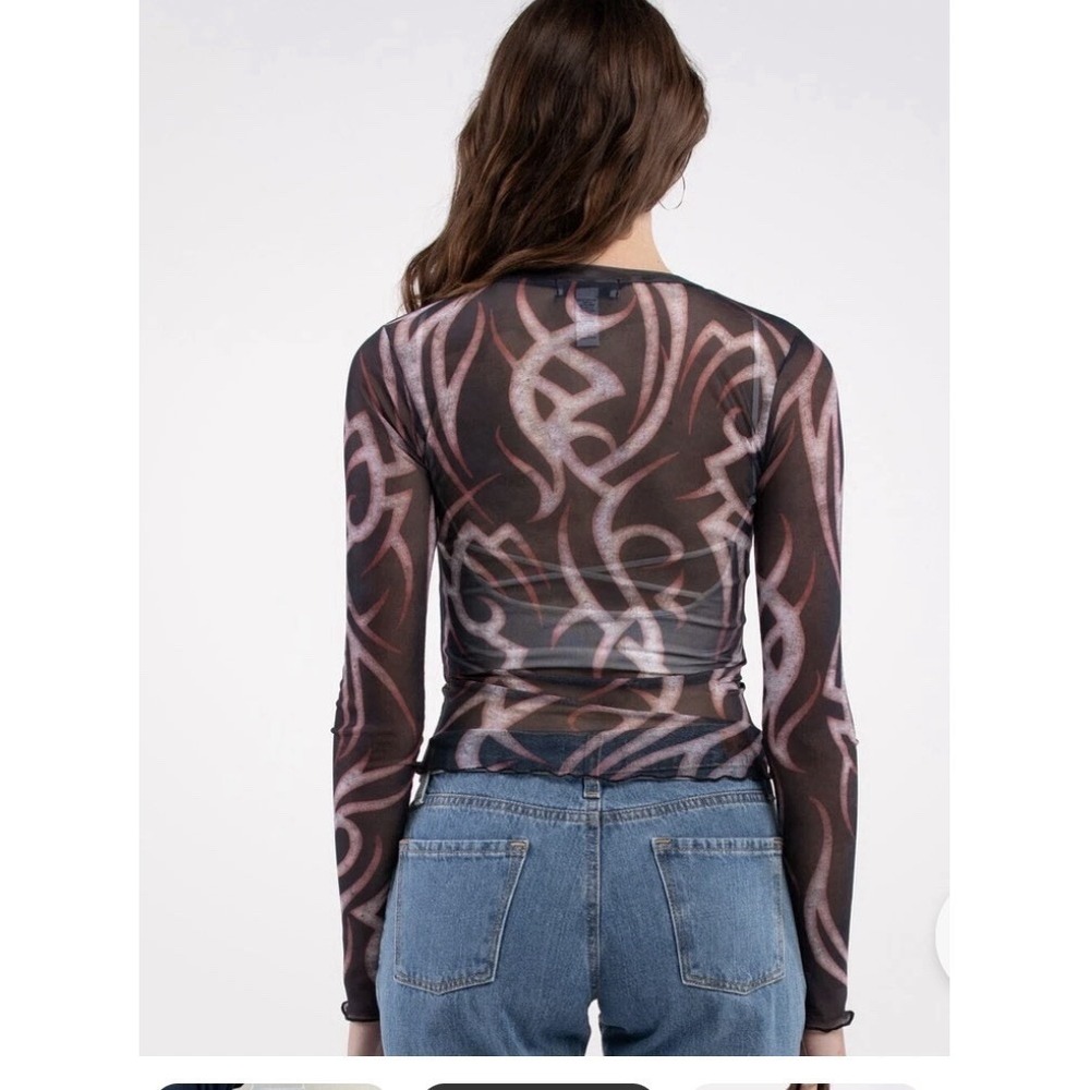RSQ Black Tattoo Women Mesh Sheer Tee Top Love Always Burns Motorcycl Y2K Medium - Picture 2 of 11